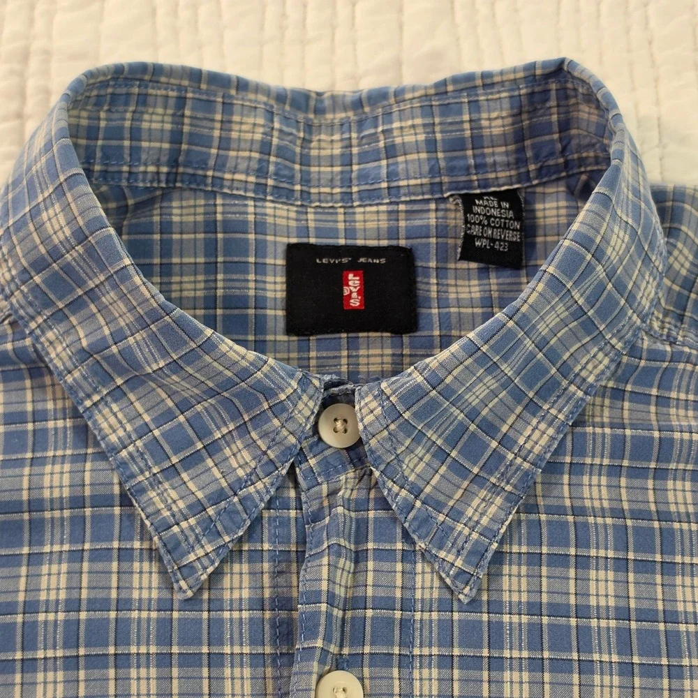 Vintage Levis Jeans Plaid Button Down Shirt Mens XL Blue White Y2K Oversize 1999